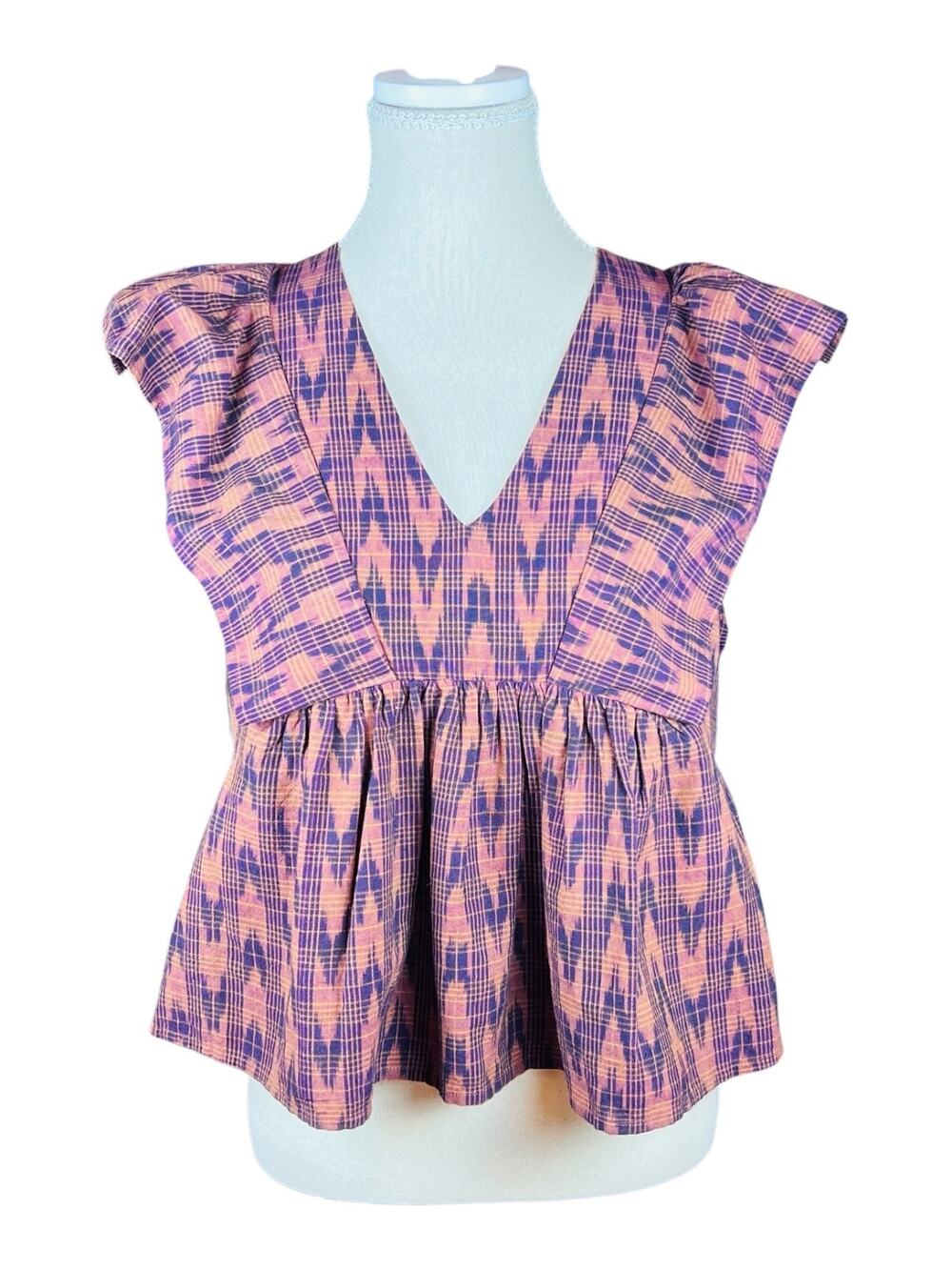 Ulla Johnson Daphne Top Sunstone Ikat Print Ruffle Peplum V Neck Sleeveless 4